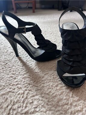 Black Ruffle T-Strap High Heel Sandals